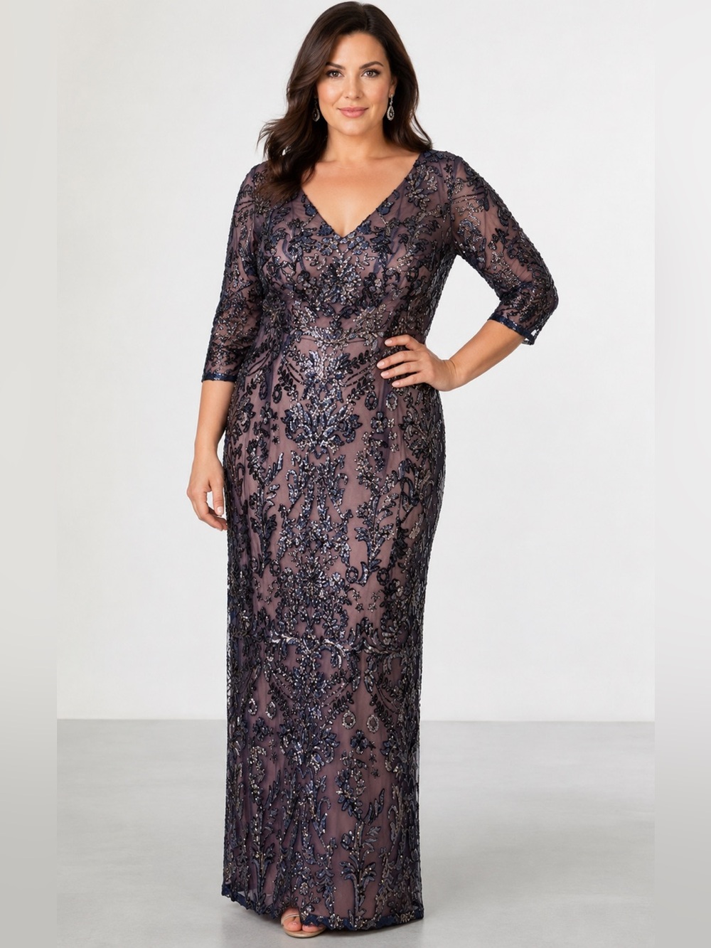 New Adrianna Papell Embroidered Sequin Navy Rose Gold Gown 14W
